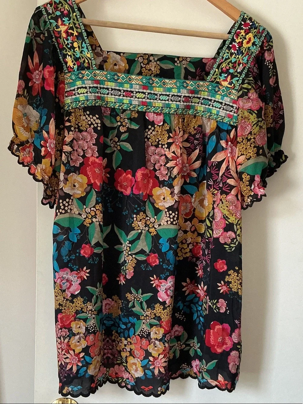 JOHNNY WAS BRISBANE Floral Embroidered Black Peasant Top - Multicolor